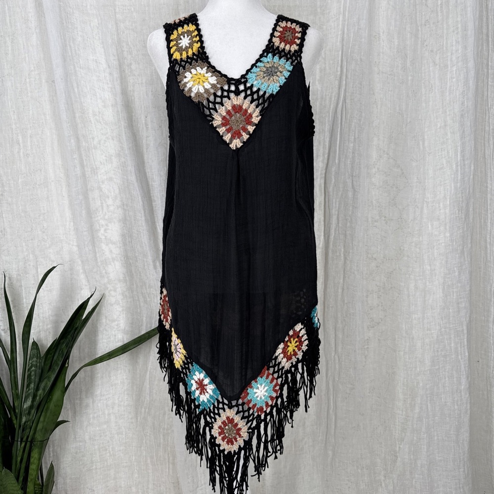 Boho Hippie Crochet Fringe Tunic Top M Indie Western Layering Fall Festival